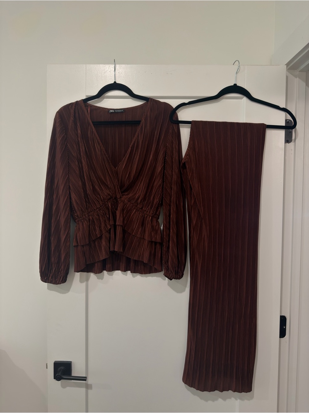 Zara Pleated V-Neck Two-Piece Set in Brown